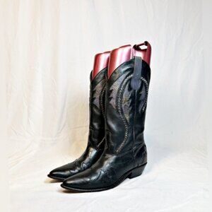 Vintage Retro 80s Black Leather Braid Purple Inlay Cowgirl Western Boots~8.5~